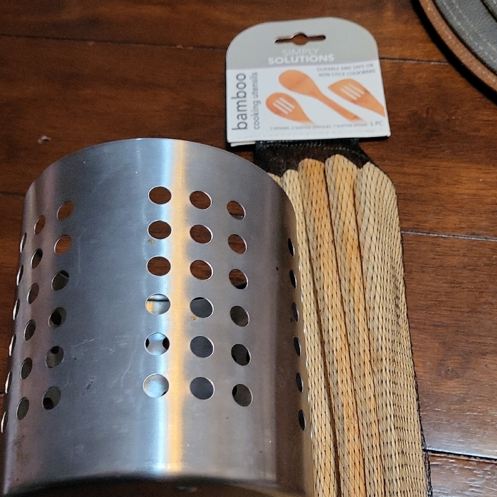 IKEA Silver Utensil Holder with Bamboo Utensils